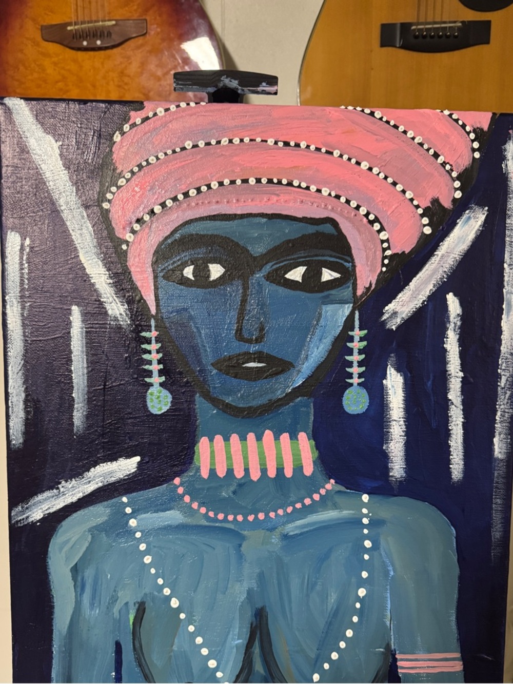 Blue Portrait Painting with Pink Headwrap